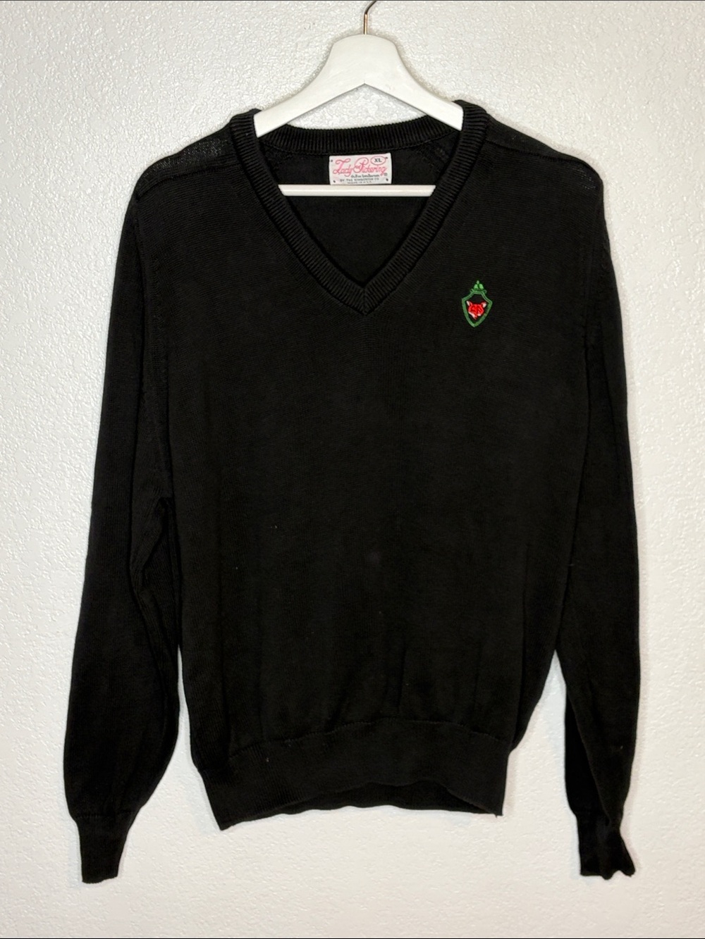Vintage Lady Pickering Black Fox Crest Embroidered Cotton Sweater Size XL